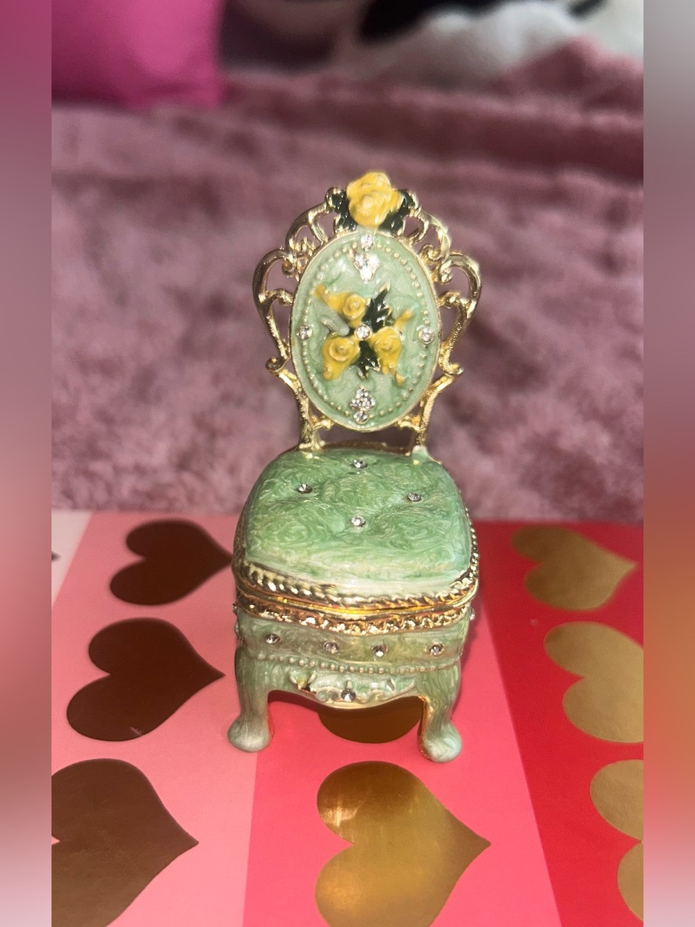 Brand New Ornate Green Jeweled Trinket Box, Tufted Fancy ArmChair